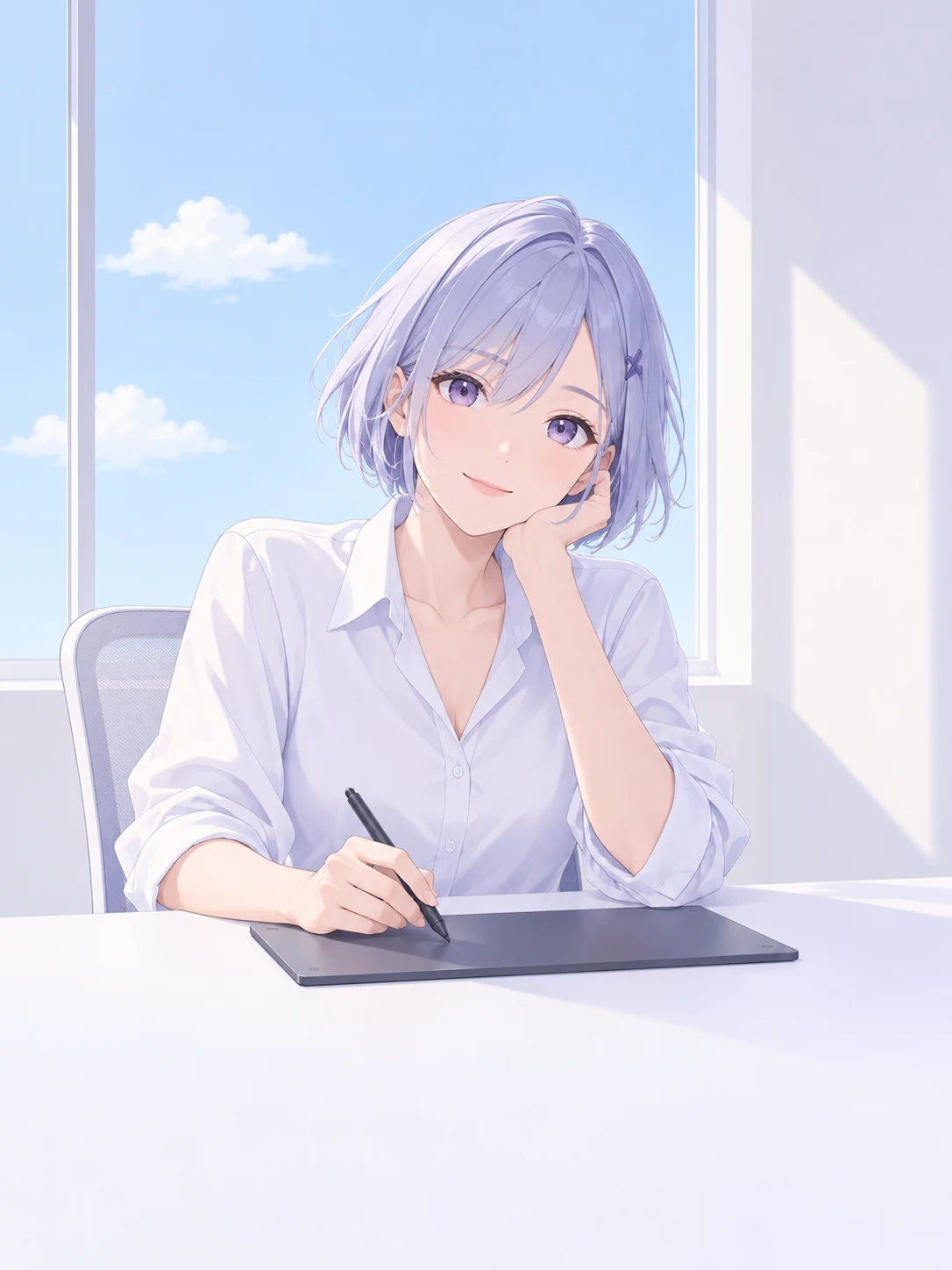 清爽二次元插画：短发创作者坐在简洁的白色绘画桌前，窗外是蓝天白云。